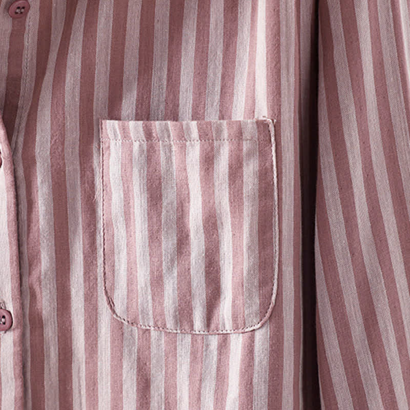 Buddha Stones 春の縦縞 長袖 装飾ポケット付き レディース コットンボタンシャツ - image 2