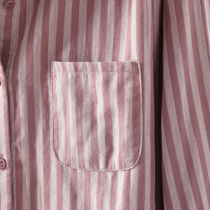 Buddha Stones 春の縦縞 長袖 装飾ポケット付き レディース コットンボタンシャツ - image 2