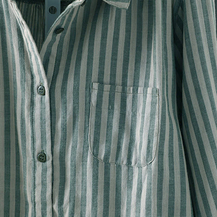 Buddha Stones 春の縦縞 長袖 装飾ポケット付き レディース コットンボタンシャツ - image 6