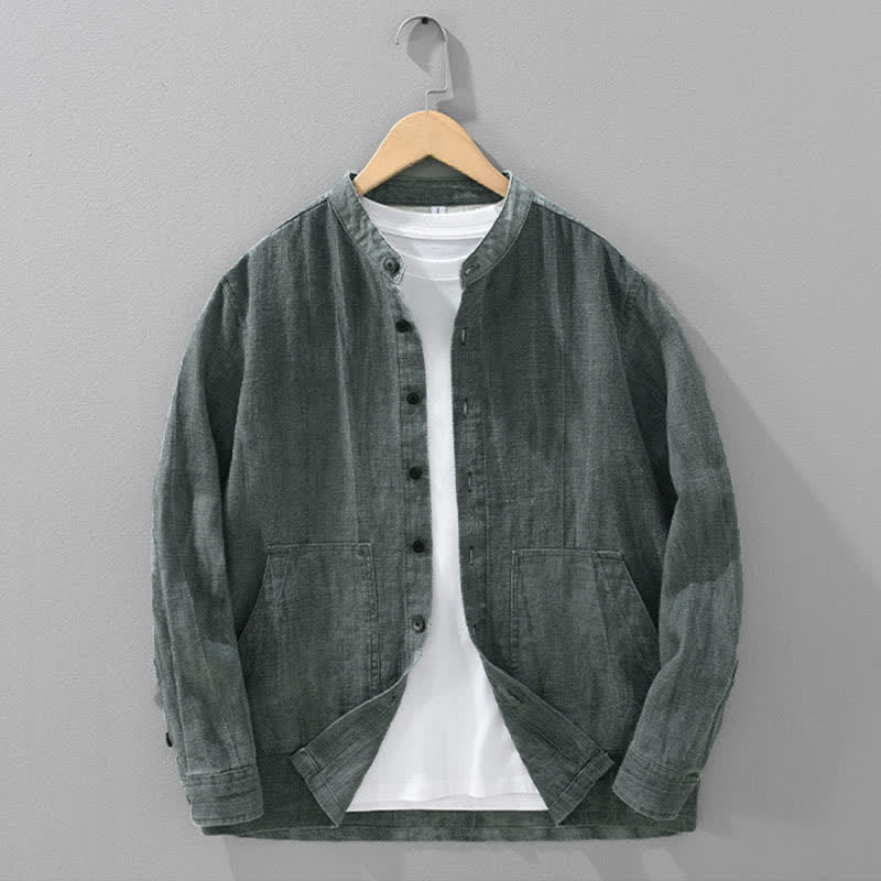 Buddha Stones 秋冬 無地 長袖 ボタンデザイン メンズ ラミー リネン コットン シャツ ポケット付き - キャデットブルー - US/UK/AU42、 EU52 (3XL) - image 0
