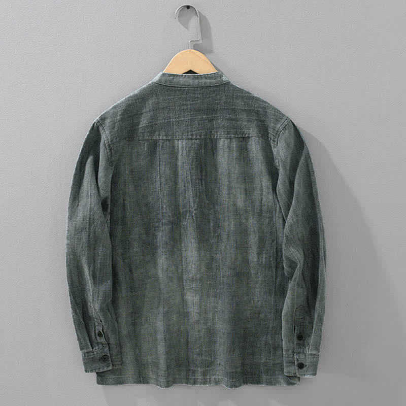 Buddha Stones 秋冬 無地 長袖 ボタンデザイン メンズ ラミー リネン コットン シャツ ポケット付き - image 1