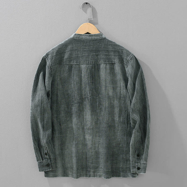 Buddha Stones 秋冬 無地 長袖 ボタンデザイン メンズ ラミー リネン コットン シャツ ポケット付き - image 1