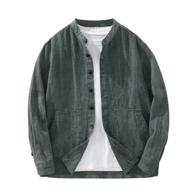 Buddha Stones 秋冬 無地 長袖 ボタンデザイン メンズ ラミー リネン コットン シャツ ポケット付き - image 11