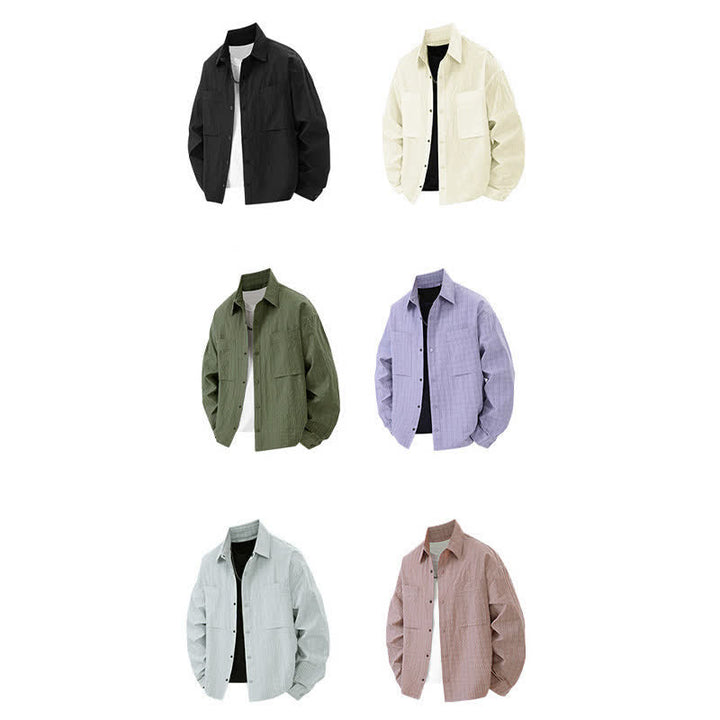 Buddha Stones 春の無地テクスチャー長袖ボタンメンズラペルシャツポケット付き - image 14