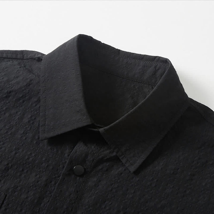 Buddha Stones 春の無地テクスチャー長袖ボタンメンズラペルシャツポケット付き - image 3