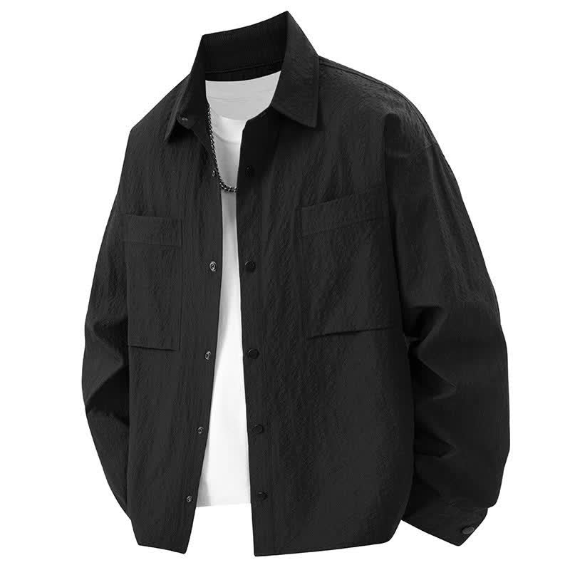 Buddha Stones 春の無地テクスチャー長袖ボタンメンズラペルシャツポケット付き - 黒 - US/UK/AU46、 EU56 (3XL) - image 1