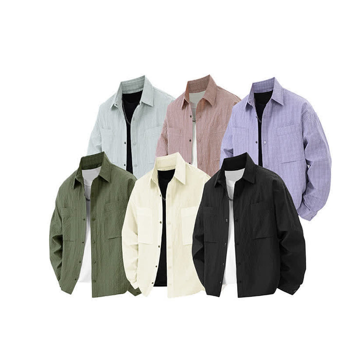 Buddha Stones 春の無地テクスチャー長袖ボタンメンズラペルシャツポケット付き - image 13