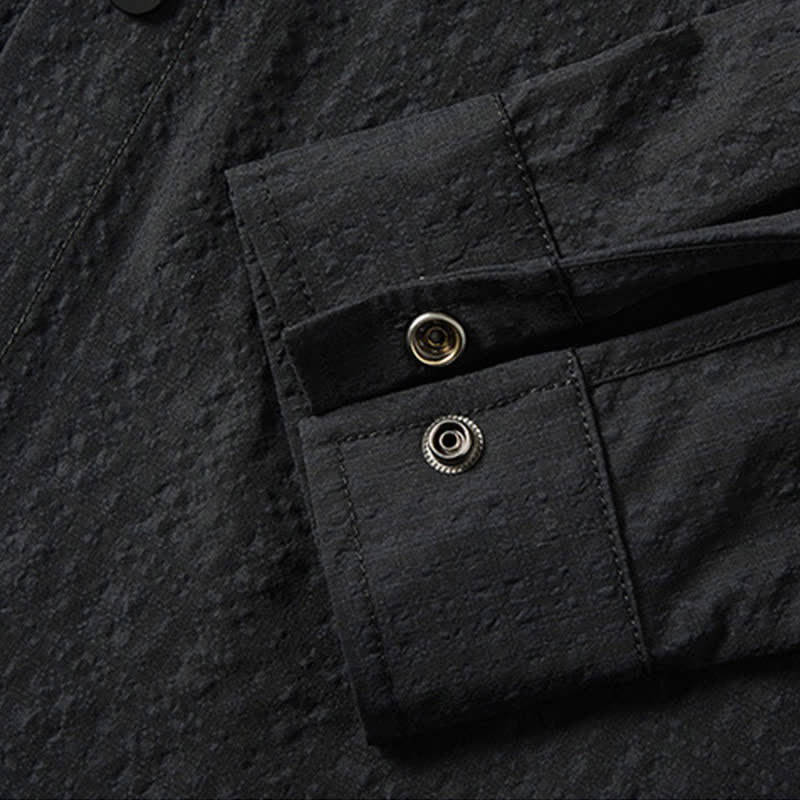 Buddha Stones 春の無地テクスチャー長袖ボタンメンズラペルシャツポケット付き - image 6