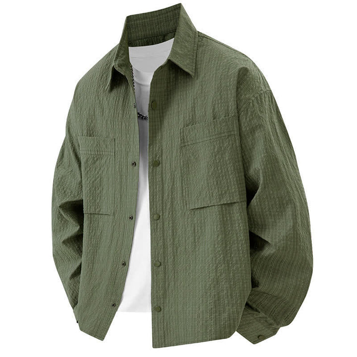 Buddha Stones 春の無地テクスチャー長袖ボタンメンズラペルシャツポケット付き - オリーブドラブ - US/UK/AU46、 EU56 (3XL) - image 10
