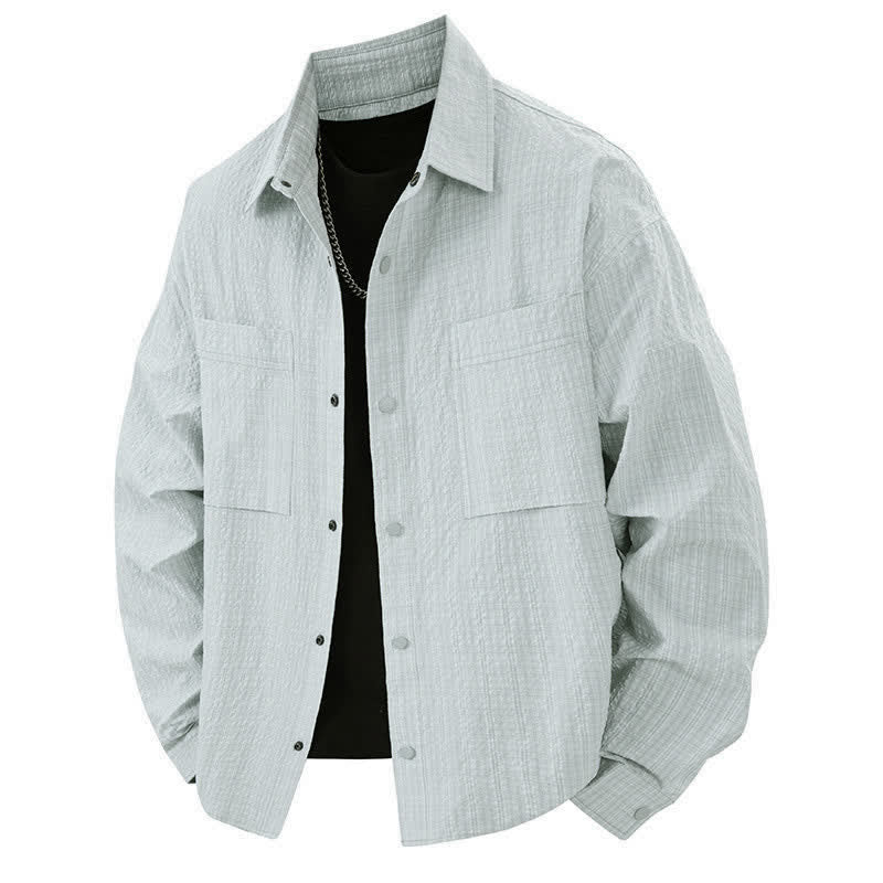 Buddha Stones 春の無地テクスチャー長袖ボタンメンズラペルシャツポケット付き - アズール - US/UK/AU46、 EU56 (3XL) - image 9