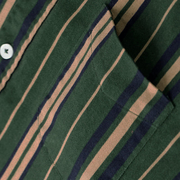 Buddha Stones レトロなカラーブロックストライプの長袖ボタンメンズコットンシャツ（ポケット付き） - image 8