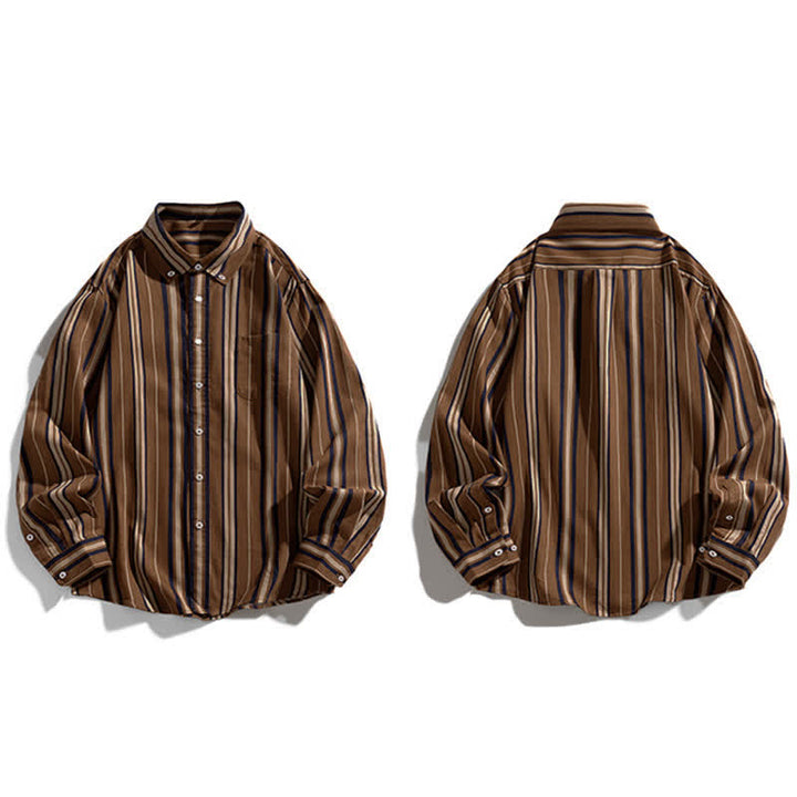 Buddha Stones レトロなカラーブロックストライプの長袖ボタンメンズコットンシャツ（ポケット付き） - image 2