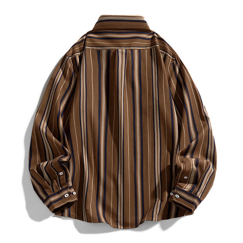 Buddha Stones レトロなカラーブロックストライプの長袖ボタンメンズコットンシャツ（ポケット付き） - image 1