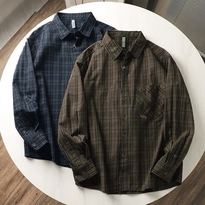 Buddha Stones 秋の通勤用刺繍チェック柄メンズコットン長袖シャツ（ポケット付き） - image 0
