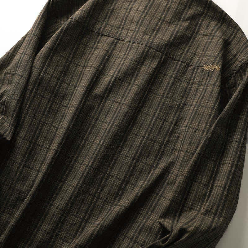 Buddha Stones 秋の通勤用刺繍チェック柄メンズコットン長袖シャツ（ポケット付き） - image 15