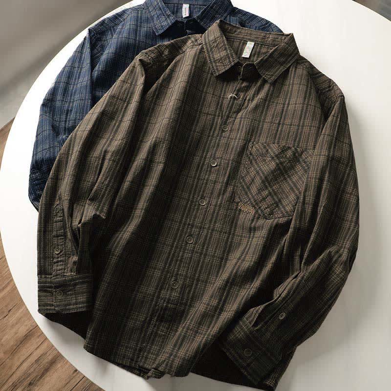 Buddha Stones 秋の通勤用刺繍チェック柄メンズコットン長袖シャツ（ポケット付き） - image 17