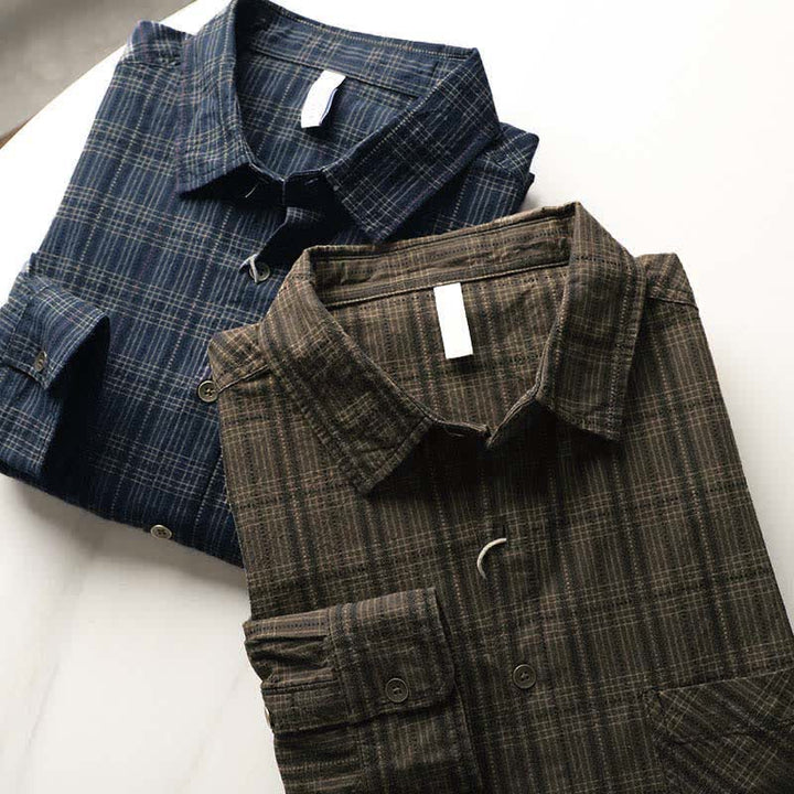 Buddha Stones 秋の通勤用刺繍チェック柄メンズコットン長袖シャツ（ポケット付き） - image 20