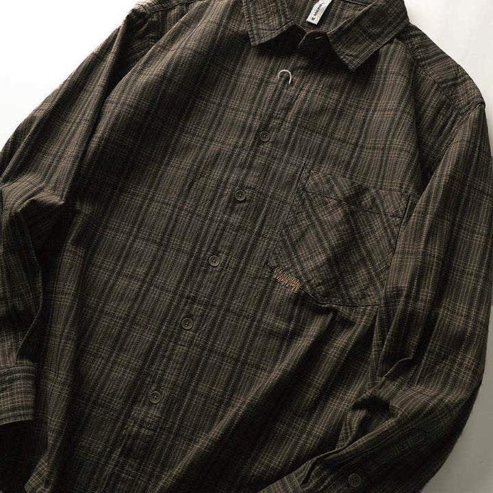 Buddha Stones 秋の通勤用刺繍チェック柄メンズコットン長袖シャツ（ポケット付き） - image 7