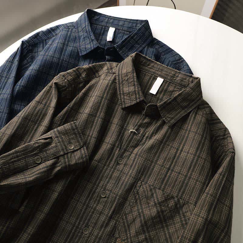 Buddha Stones 秋の通勤用刺繍チェック柄メンズコットン長袖シャツ（ポケット付き） - image 18