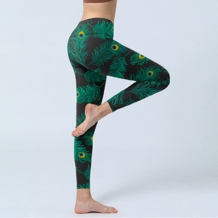 Buddha Stones レトロな孔雀の羽根柄プリントのジムレギンス レディース ヨガパンツ - image 3