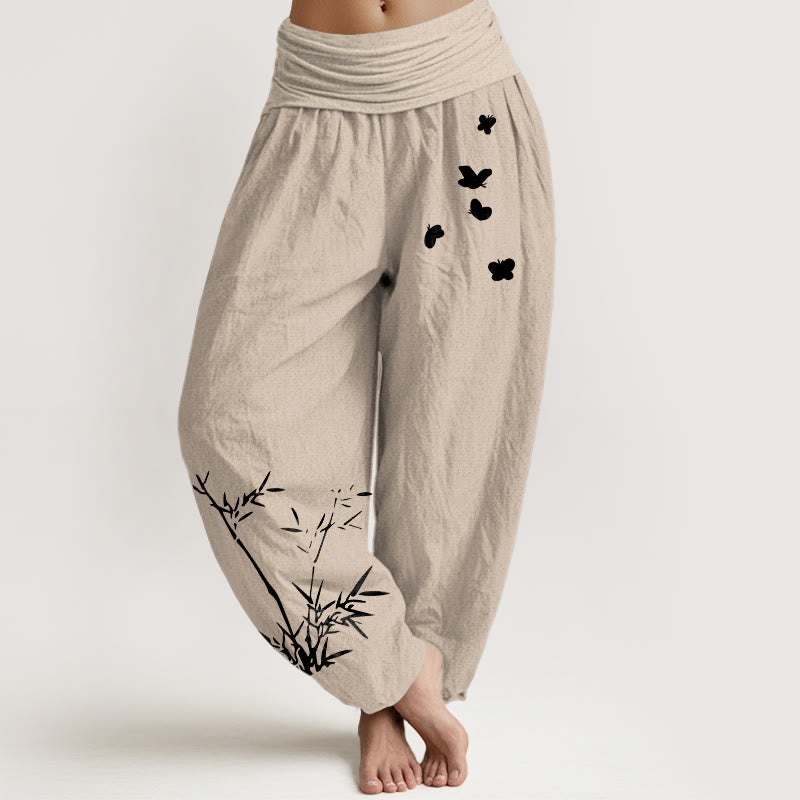 Buddha Stones ピュアコットン 簡潔な竹蝶柄 レディース 伸縮性ウエスト ハーレムパンツ - タン - US16、 UK/AU20、 EU48 (3XL) - image 11