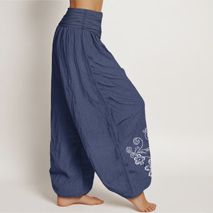 Buddha Stones ドット柄のつる花柄の純綿レディース伸縮性ウエストハーレムパンツ - image 2