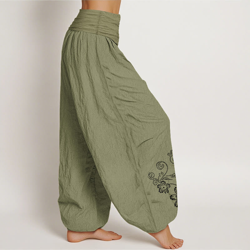 Buddha Stones ドット柄のつる花柄の純綿レディース伸縮性ウエストハーレムパンツ - image 16