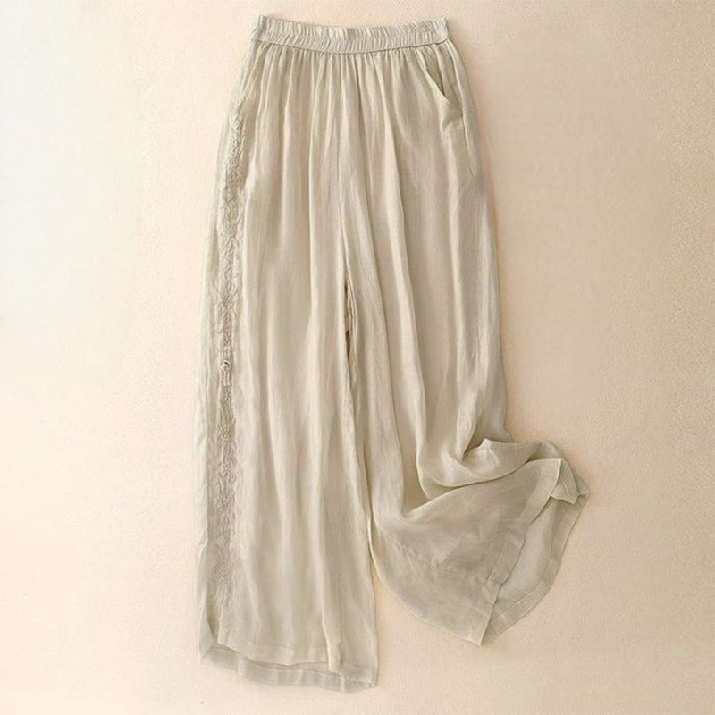 Buddha Stonesサイド刺繍デザインレディース7-8丈ワイドレッグパンツ（ポケット付き） - レモンシフォン - US12、 UK/AU16、 EU44 (3XL) - image 5