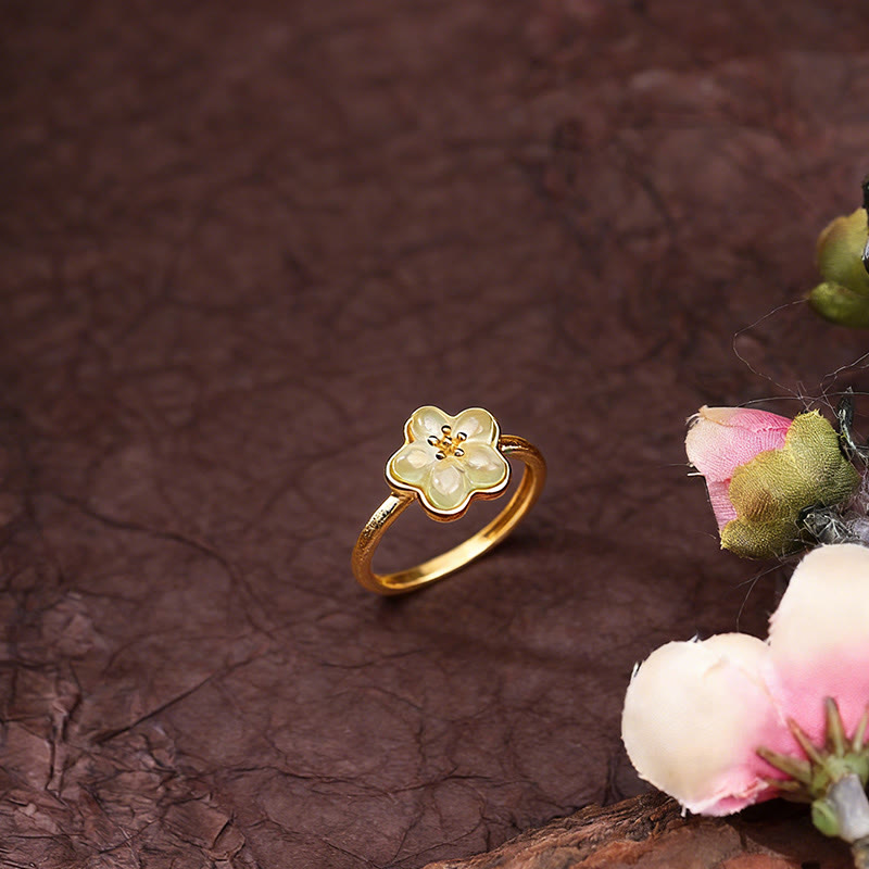 Buddha Stones 梅の花模様の和田翡翠銅製幸運リング - image 2