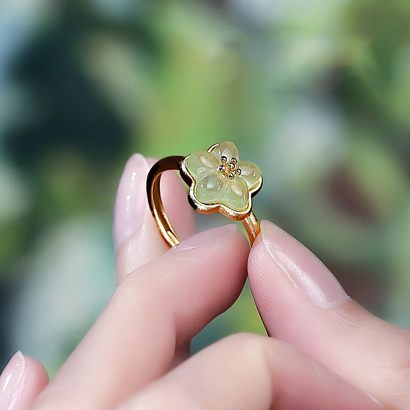 Buddha Stones 梅の花模様の和田翡翠銅製幸運リング - image 4