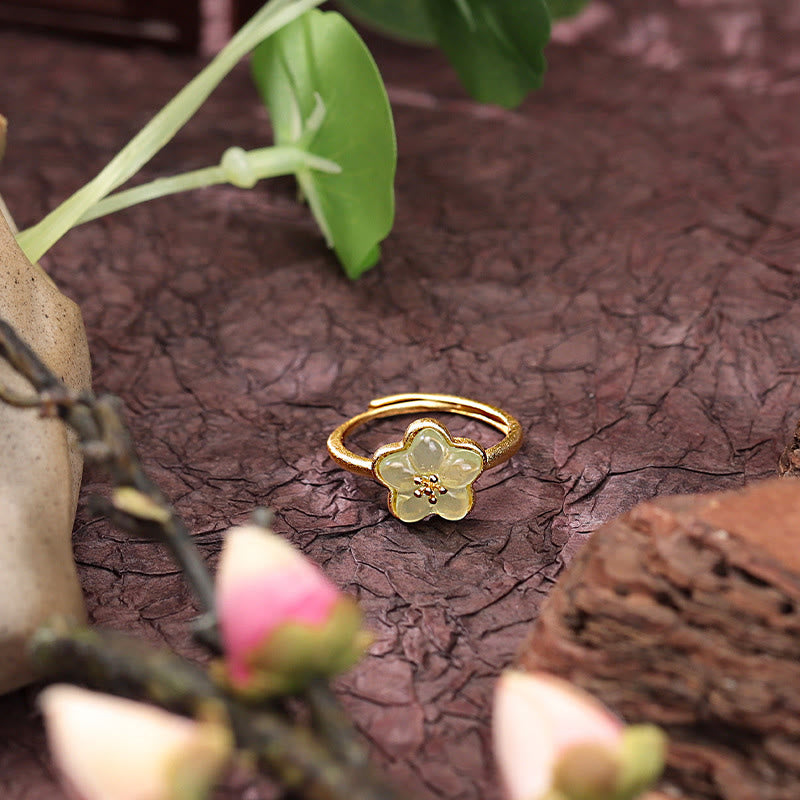 Buddha Stones 梅の花模様の和田翡翠銅製幸運リング - image 1