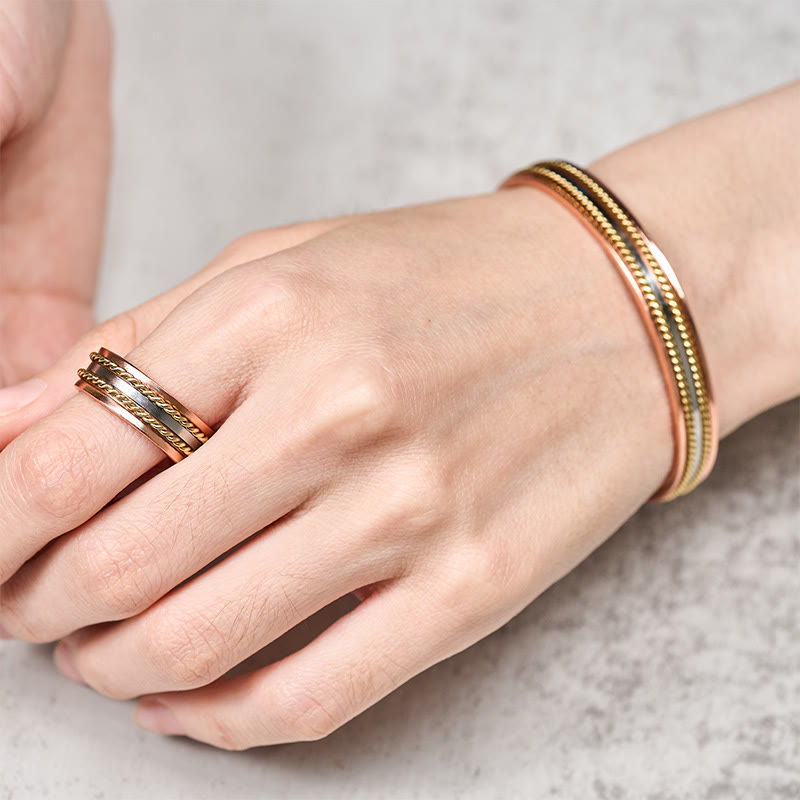 Buddha Stones レトロなツイストデザインの銅製オープンウェルスラッキーカフブレスレットバングルリング - image 4