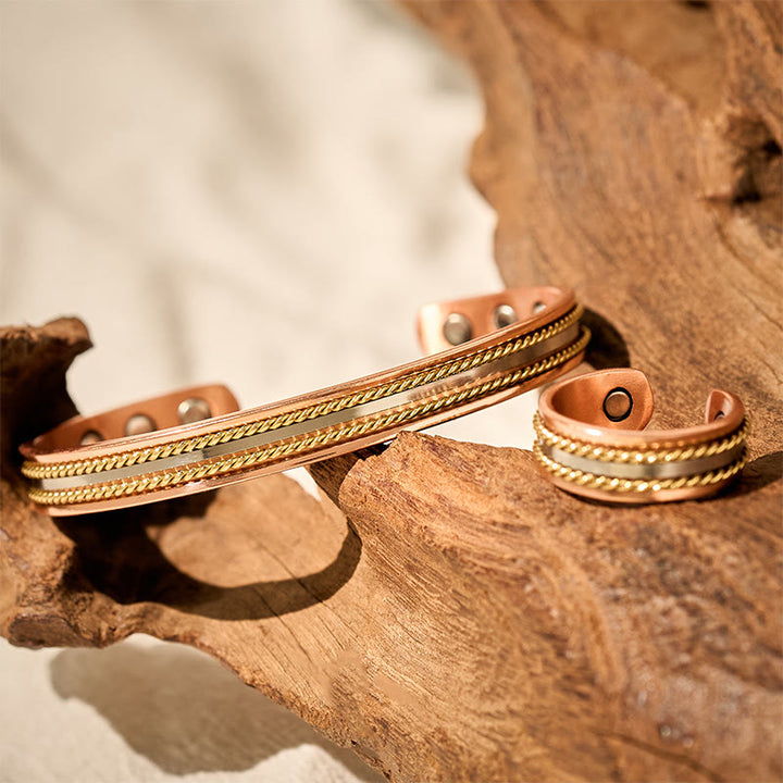 Buddha Stones レトロなツイストデザインの銅製オープンウェルスラッキーカフブレスレットバングルリング - image 3