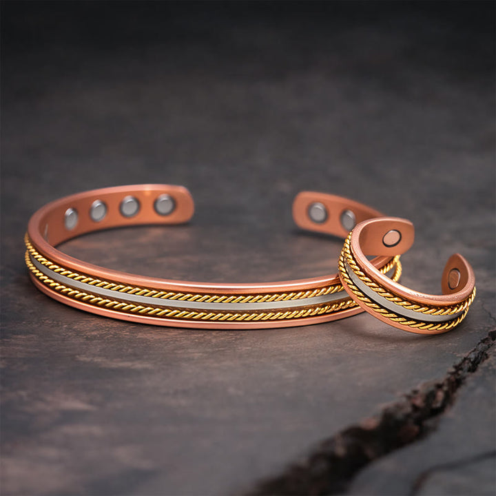 Buddha Stones レトロなツイストデザインの銅製オープンウェルスラッキーカフブレスレットバングルリング - ブレスレット1個とリング1個 - image 1