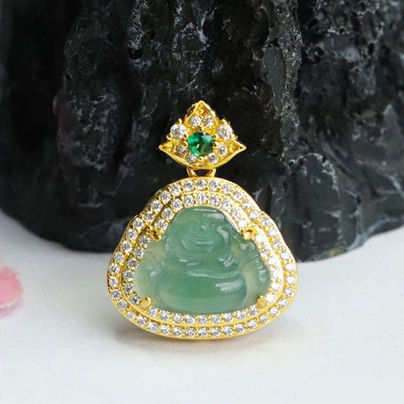 Buddha Stones 翡翠の笑い仏像豊かさと幸運のネックレスペンダント - image 1