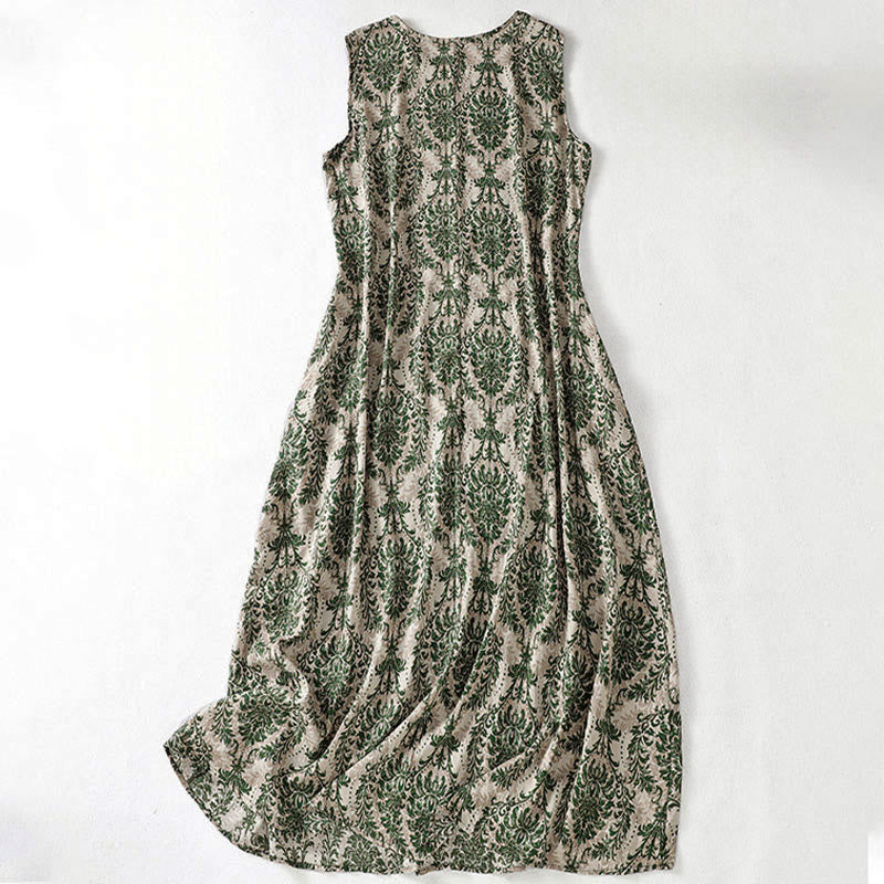 Buddha Stones 通勤用夏プリントシンプルデザインクルーネックノースリーブマキシワンピース - image 2