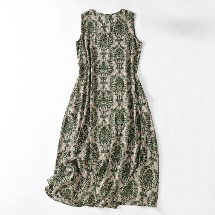 Buddha Stones 通勤用夏プリントシンプルデザインクルーネックノースリーブマキシワンピース - ダークグリーン - US14、 UK/AU18、 EU46 (2XL) - image 1