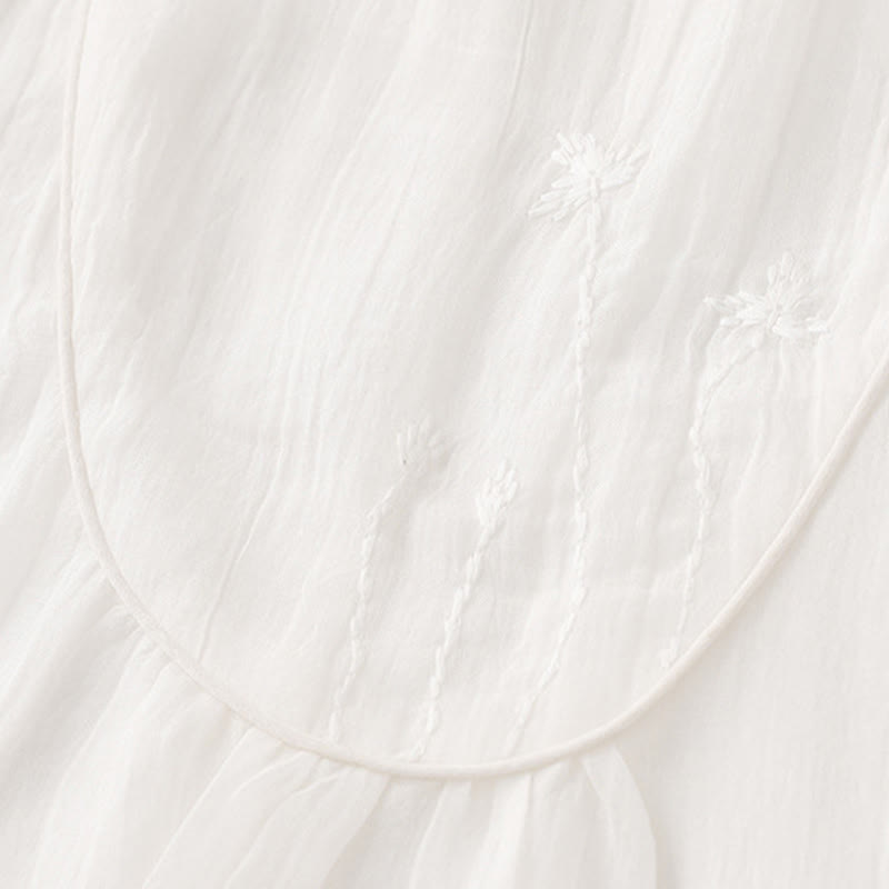 Buddha Stones 通勤用無地刺繍ダブルレイヤークルーネック長袖コットンミディドレス - image 7