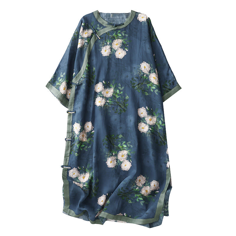 Buddha Stones、カエルボタン、蘭、ザクロの花柄、サイドスリットデザイン、ハーフスリーブミディドレス - image 20