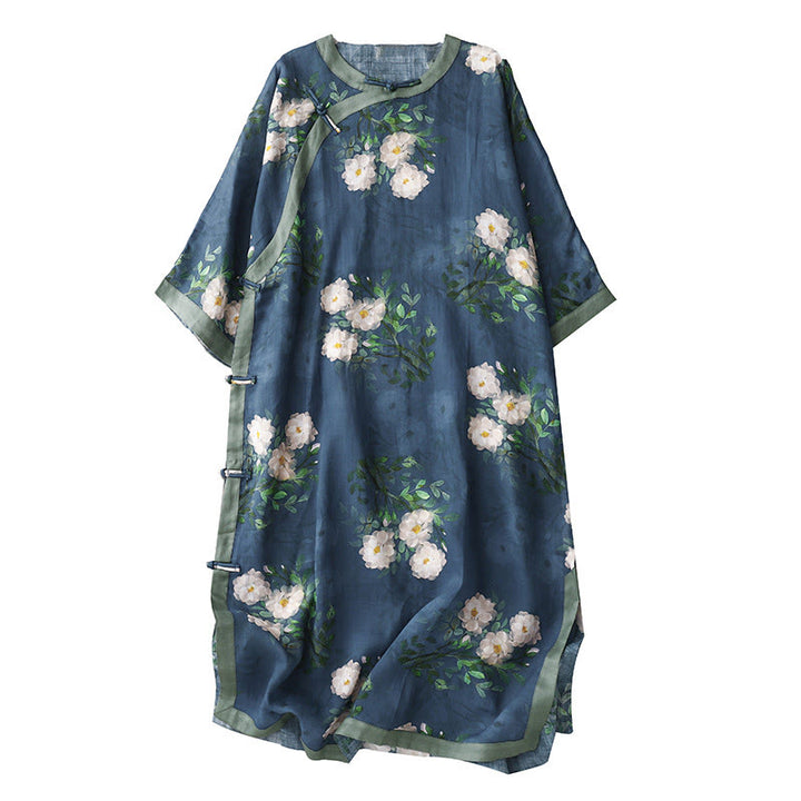 Buddha Stones、カエルボタン、蘭、ザクロの花柄、サイドスリットデザイン、ハーフスリーブミディドレス - image 20