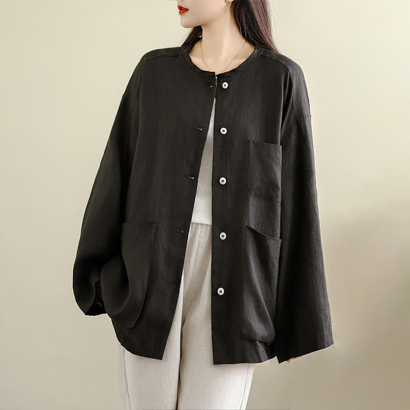 Buddha Stones 春のクルーネック長袖無地レディースコットンボタンシャツポケット付き - 黒 - US8-10，UK/AU12-14，EU40-42 (2XL) - image 0