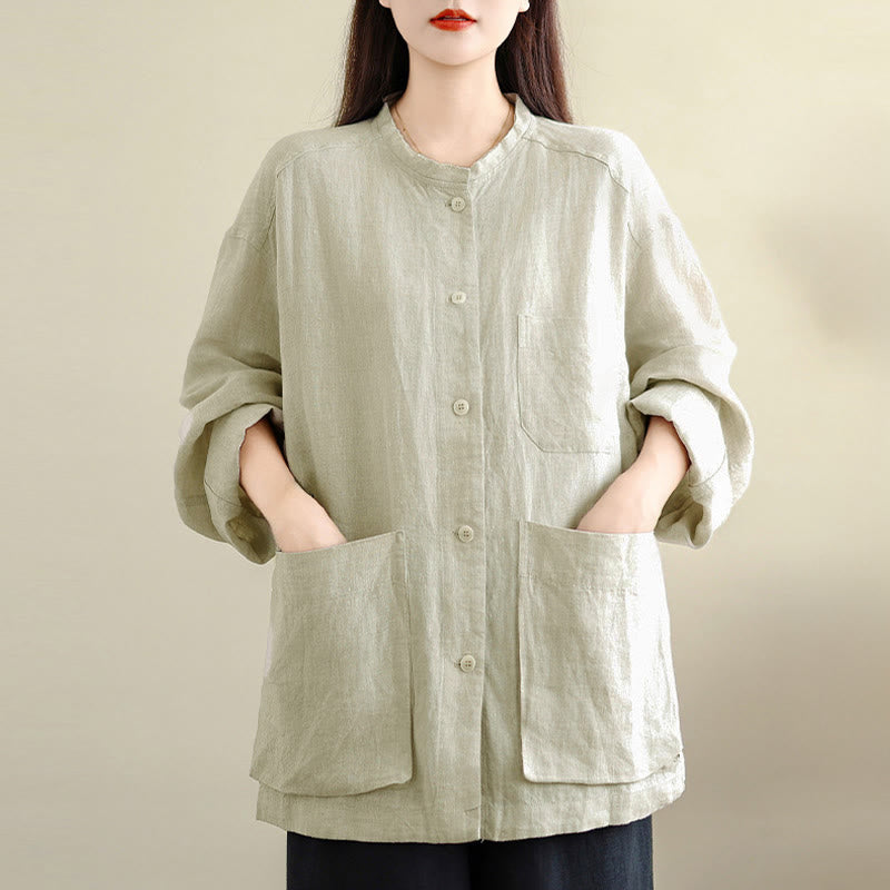 Buddha Stones 春のクルーネック長袖無地レディースコットンボタンシャツポケット付き - image 11