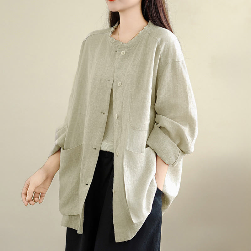 Buddha Stones 春のクルーネック長袖無地レディースコットンボタンシャツポケット付き - image 8