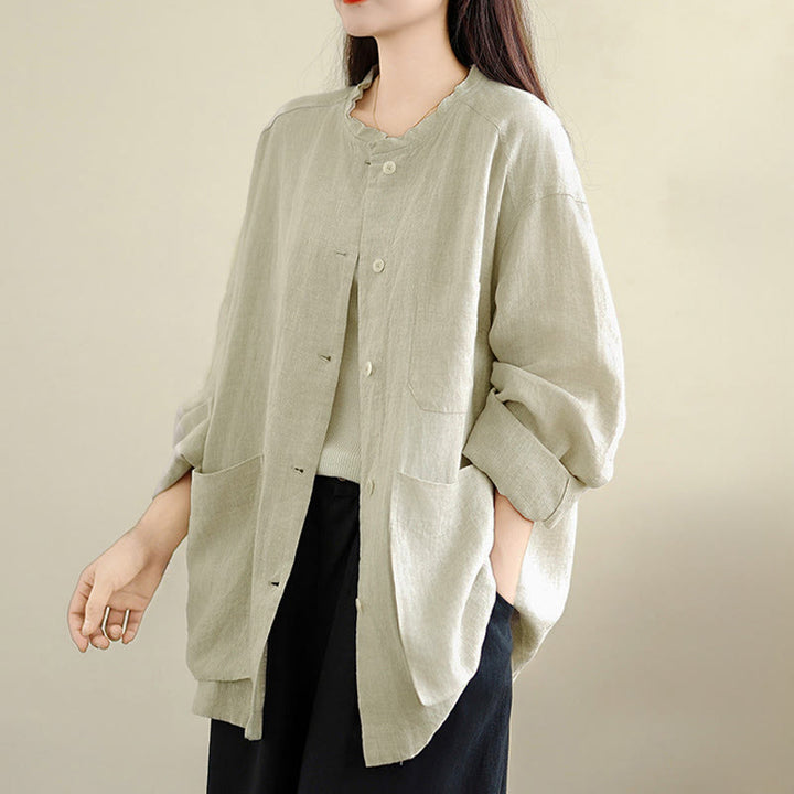 Buddha Stones 春のクルーネック長袖無地レディースコットンボタンシャツポケット付き - image 8