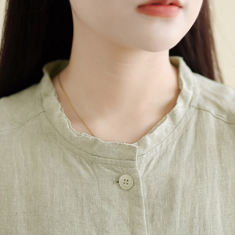 Buddha Stones 春のクルーネック長袖無地レディースコットンボタンシャツポケット付き - image 13