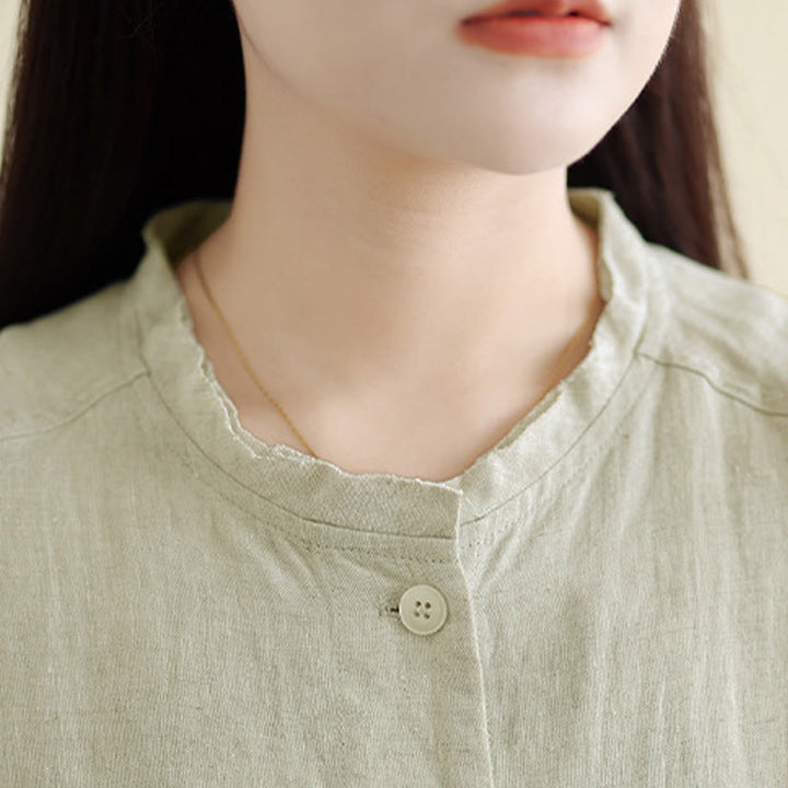 Buddha Stones 春のクルーネック長袖無地レディースコットンボタンシャツポケット付き - image 13