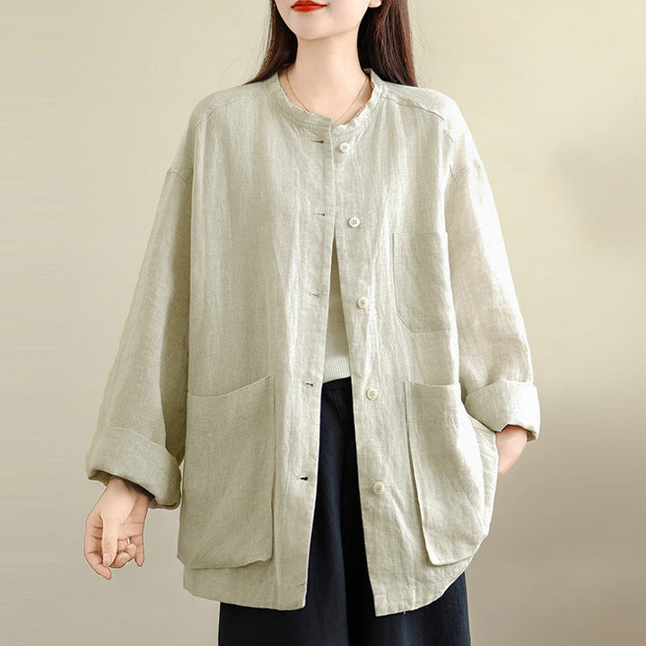 Buddha Stones 春のクルーネック長袖無地レディースコットンボタンシャツポケット付き - image 10