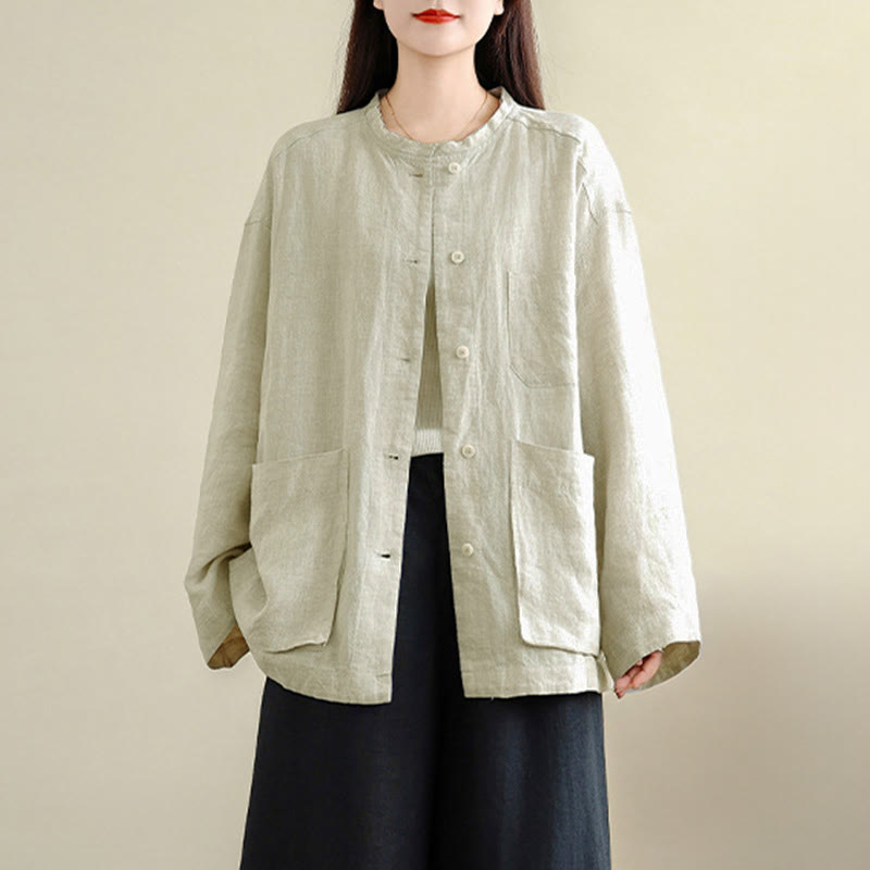 Buddha Stones 春のクルーネック長袖無地レディースコットンボタンシャツポケット付き - image 9