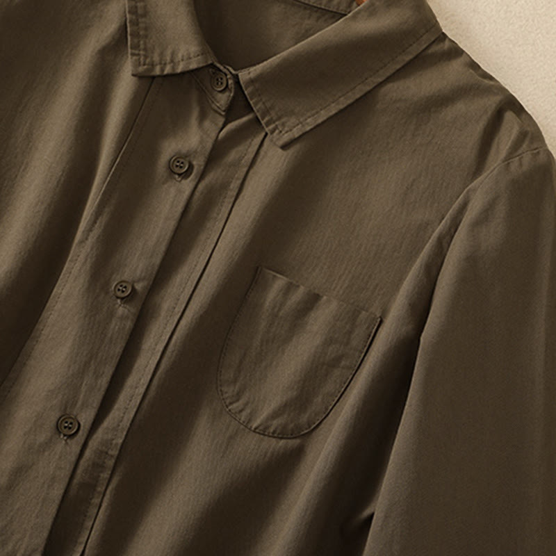 Buddha Stones 春のラペル長袖無地レディースコットンボタンシャツ（ポケット付き） - image 3