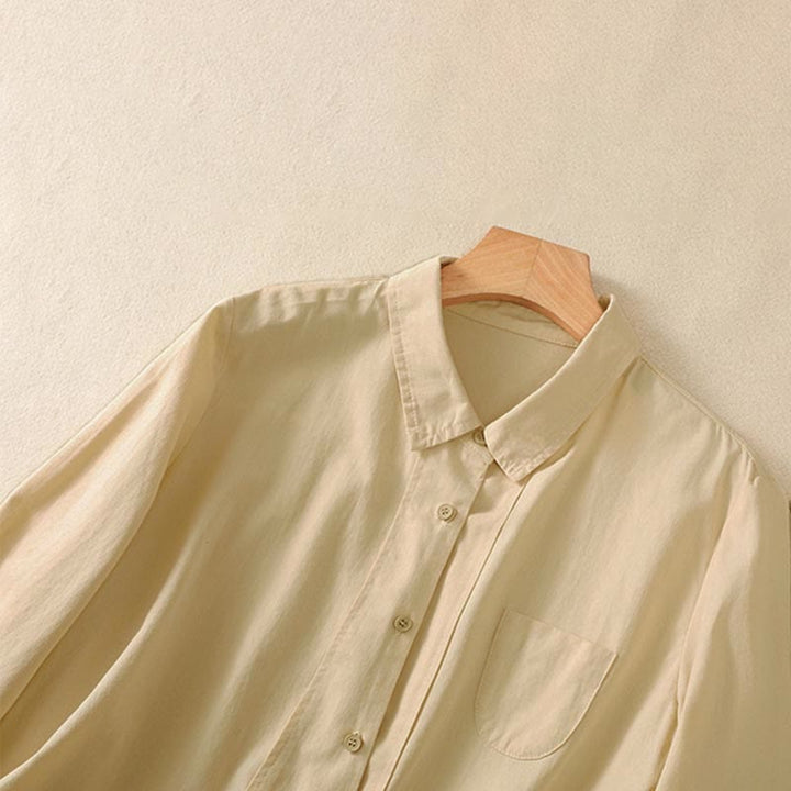 Buddha Stones 春のラペル長袖無地レディースコットンボタンシャツ（ポケット付き） - image 11